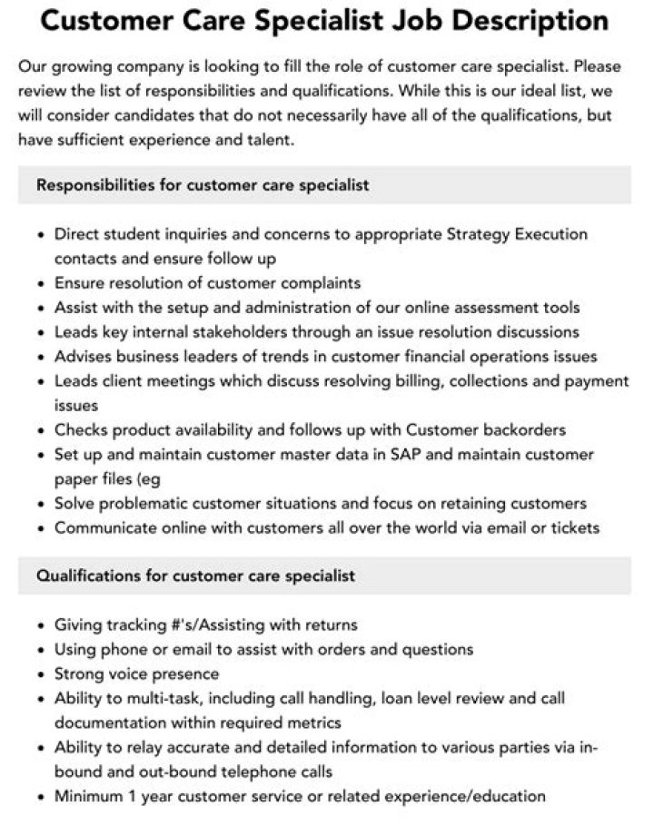 What is customer care specialist job description?