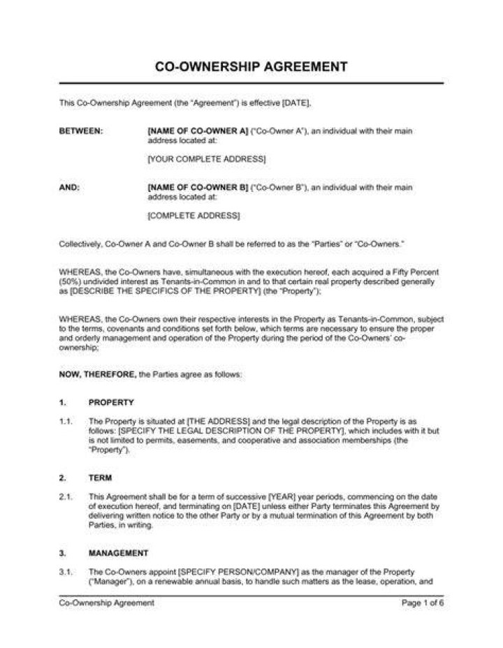 What should be included in a co-ownership agreement?